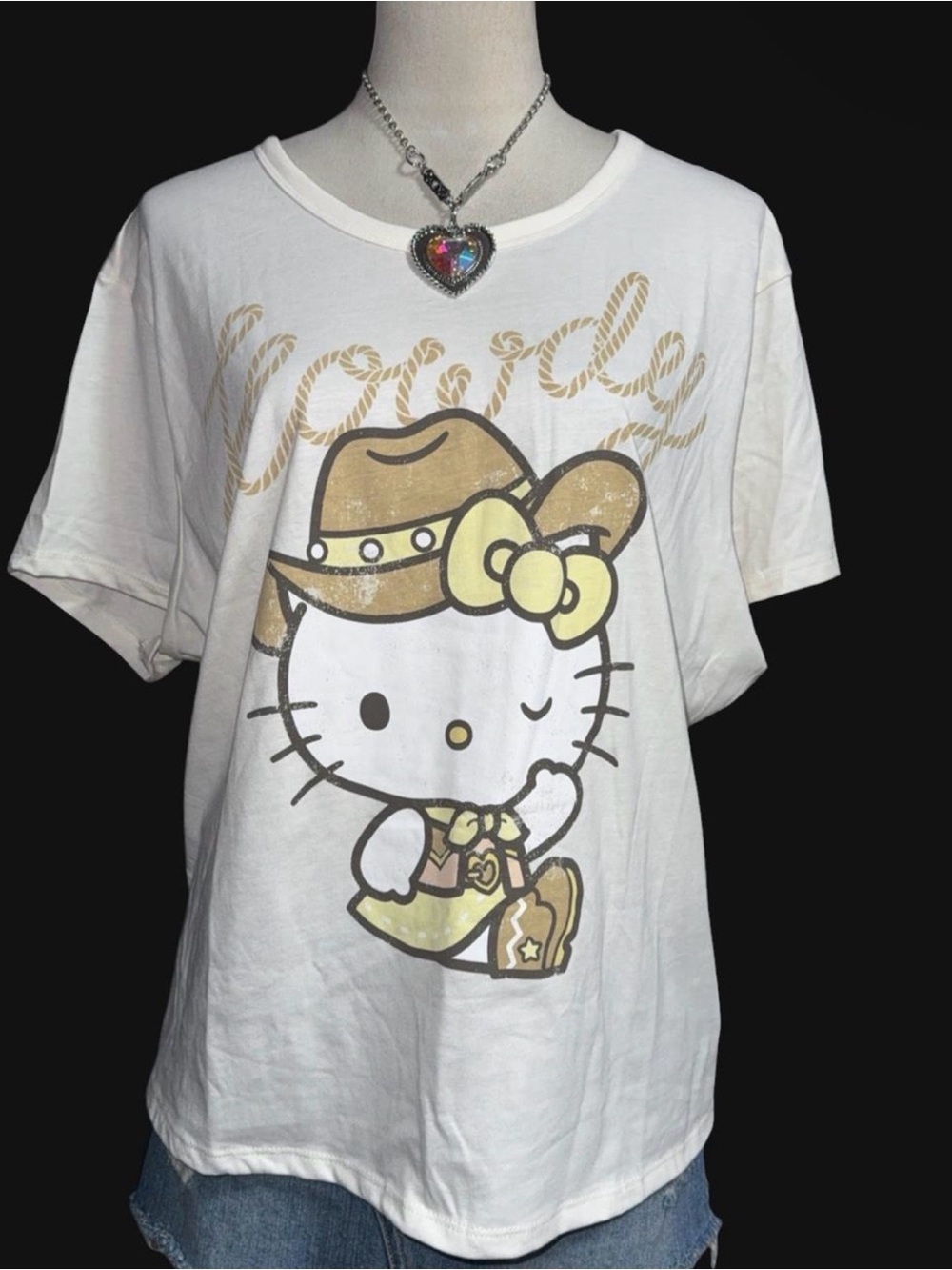 Hello Kitty howdy White Tee with Gold and Yellow Cowboy Graphic